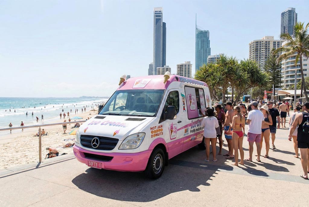 An ice cream van with a pink and white design parked on a bustling Gold Coast beachfront with people gathered around. Tall buildings and palm trees are visible in the background under a clear blue sky.